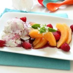 Cantaloupe and Raspberries with Blueberry Syrup and Ice Cream